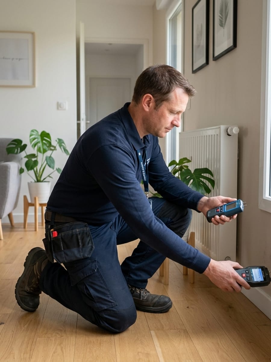 Diagnostiqueur en train d'analyser un mur humide avec un hygromètre