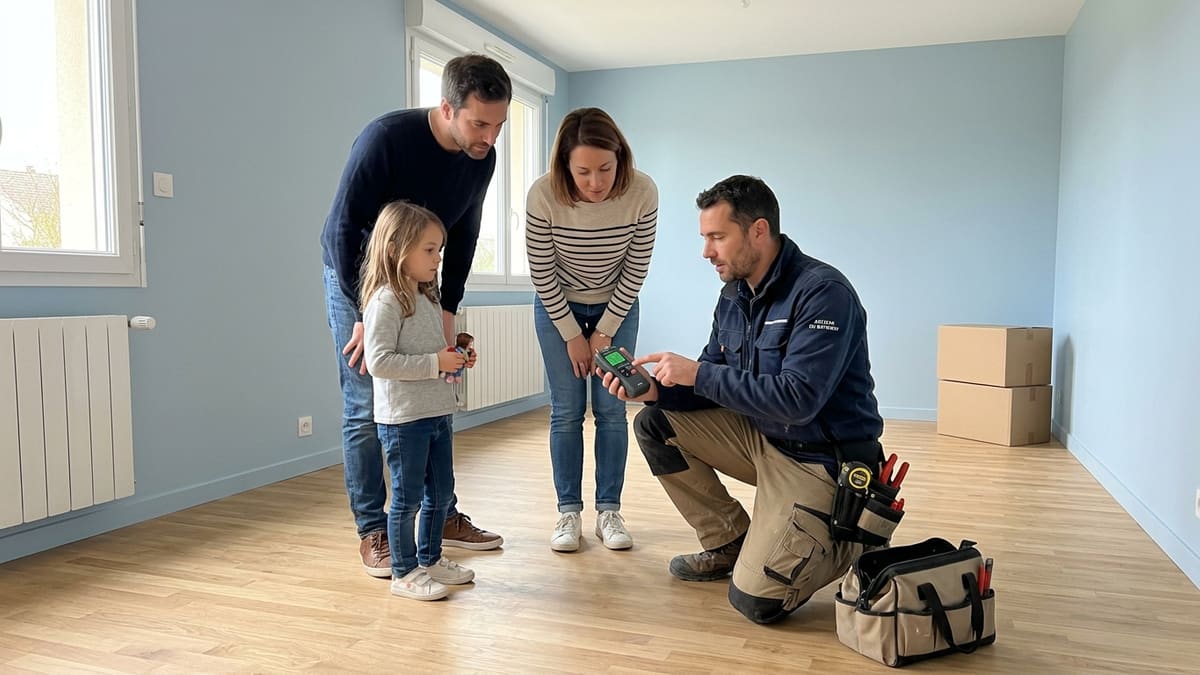 ALT FR — Famille vérifiant le niveau d humidité dans une maison rénovée