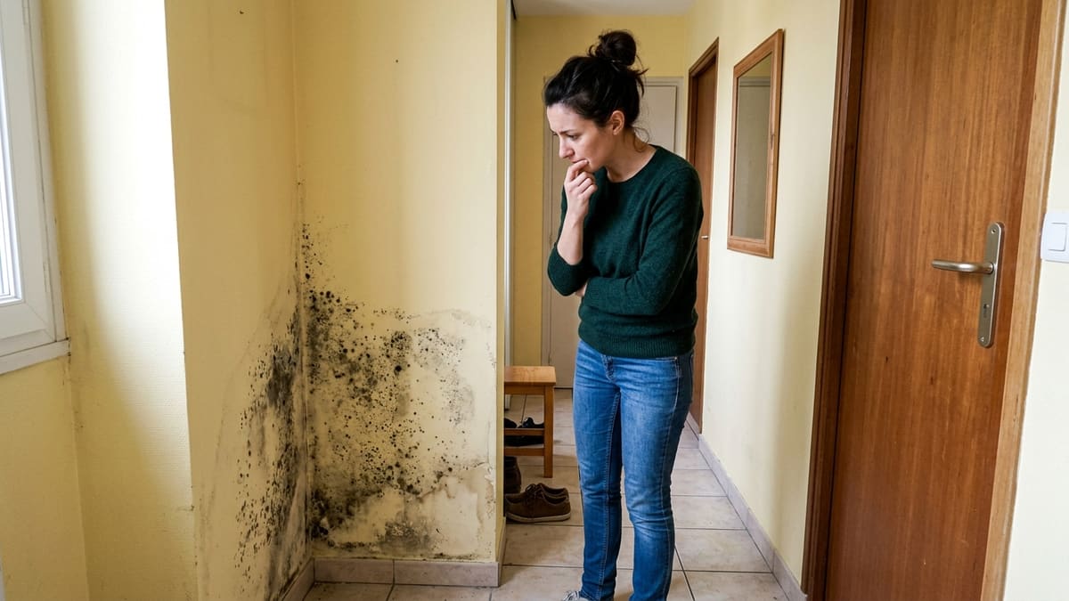 Femme inquiète face à un mur moisi, problème humidité maison : qui contacter