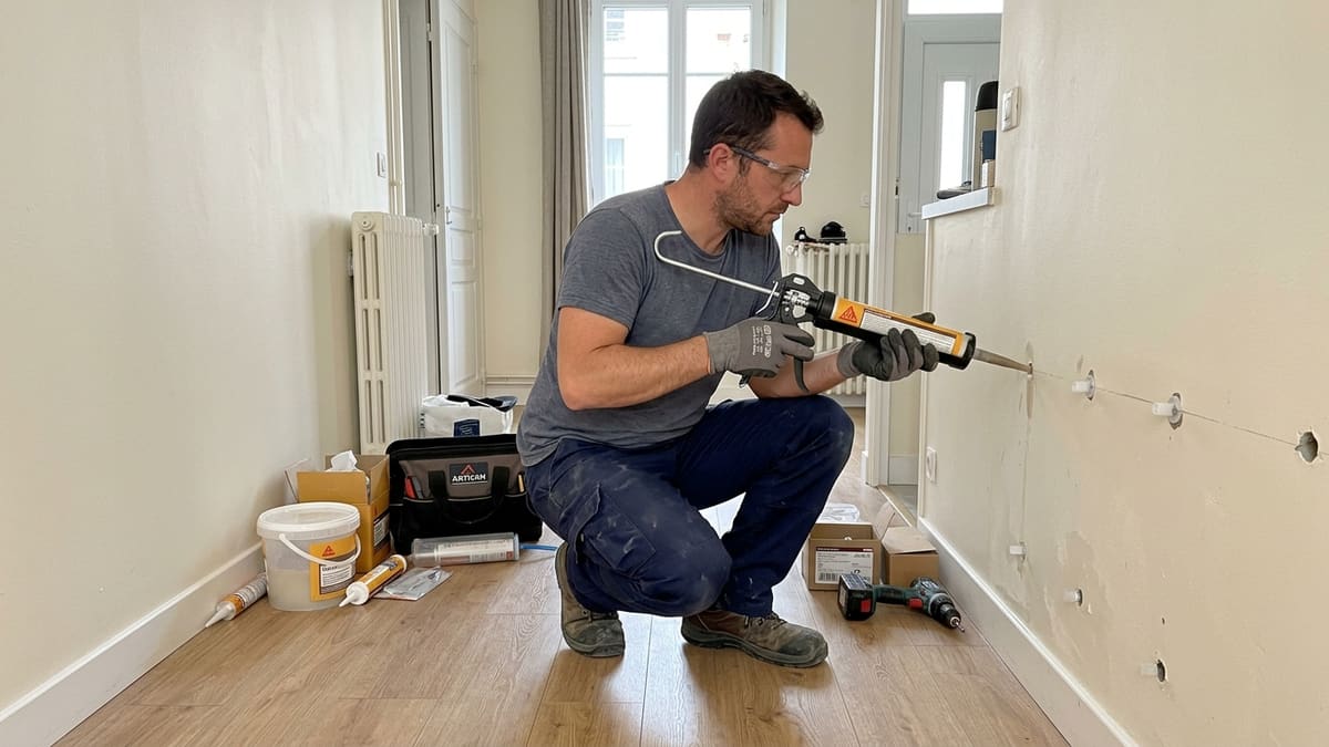 Ouvrier traitant un mur humide par injection de résine en France, coûts